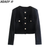 XEASY Tweed Jacket Set Two Piece Sets Women Skirt Fall 2021 Womens Fashion Black Single Breasted Jacket High-Waisted Skirt Suit
