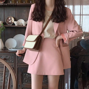 eDressU 2PCS Woman Suits Pink Blazer Jacket Skirt Office Korean Two-Piece Single Breasted Business Outwear ZX-6