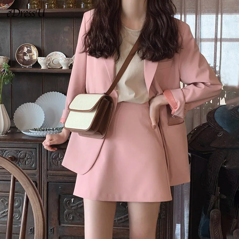 eDressU 2PCS Woman Suits Pink Blazer Jacket Skirt Office Korean Two-Piece Single Breasted Business Outwear ZX-6