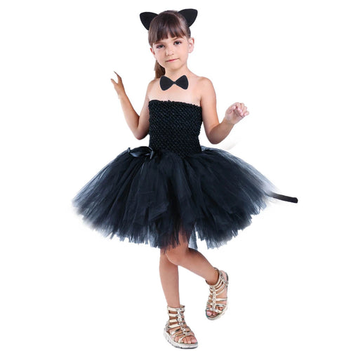 Cute Black Cat Tutu Dress Baby Girls Birthday Dresses Toddler Kids Halloween Costumes Children Animal Cosplay Outfit Solid Black - www.sixcolors.us