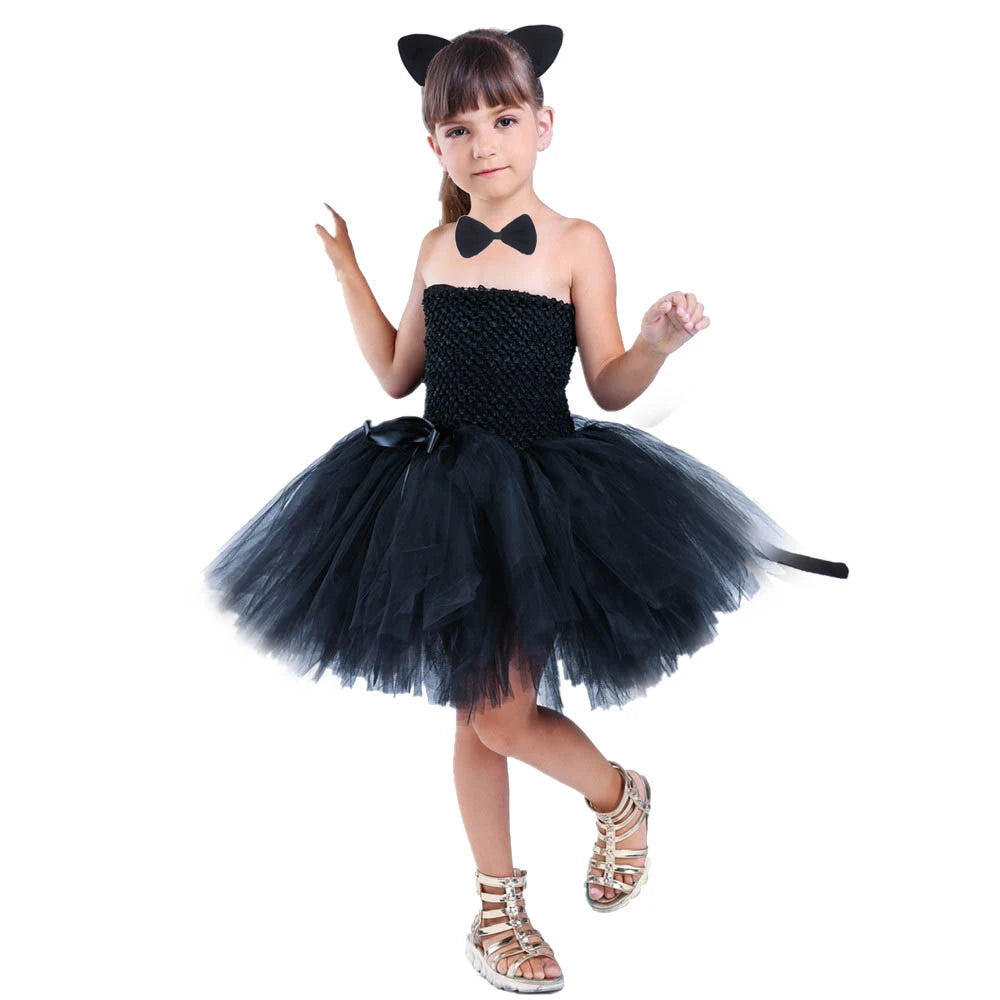 Cute Black Cat Tutu Dress Baby Girls Birthday Dresses Toddler Kids Halloween Costumes Children Animal Cosplay Outfit Solid Black - www.sixcolors.us