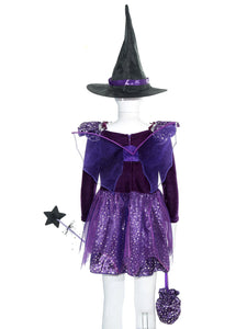 Kids Girls Witch Bat Costume Stars Printed Dress Wing Point Hat Mask Bag Fairy Wand Set Children Halloween Cosplay Dress Up - www.sixcolors.us