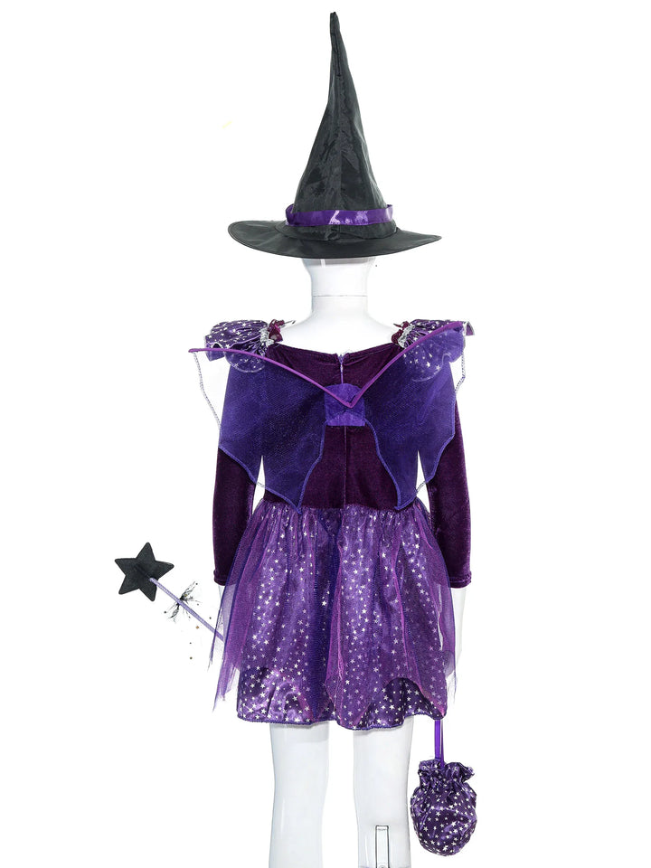 Kids Girls Witch Bat Costume Stars Printed Dress Wing Point Hat Mask Bag Fairy Wand Set Children Halloween Cosplay Dress Up - www.sixcolors.us