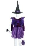 Kids Girls Witch Bat Costume Stars Printed Dress Wing Point Hat Mask Bag Fairy Wand Set Children Halloween Cosplay Dress Up - www.sixcolors.us