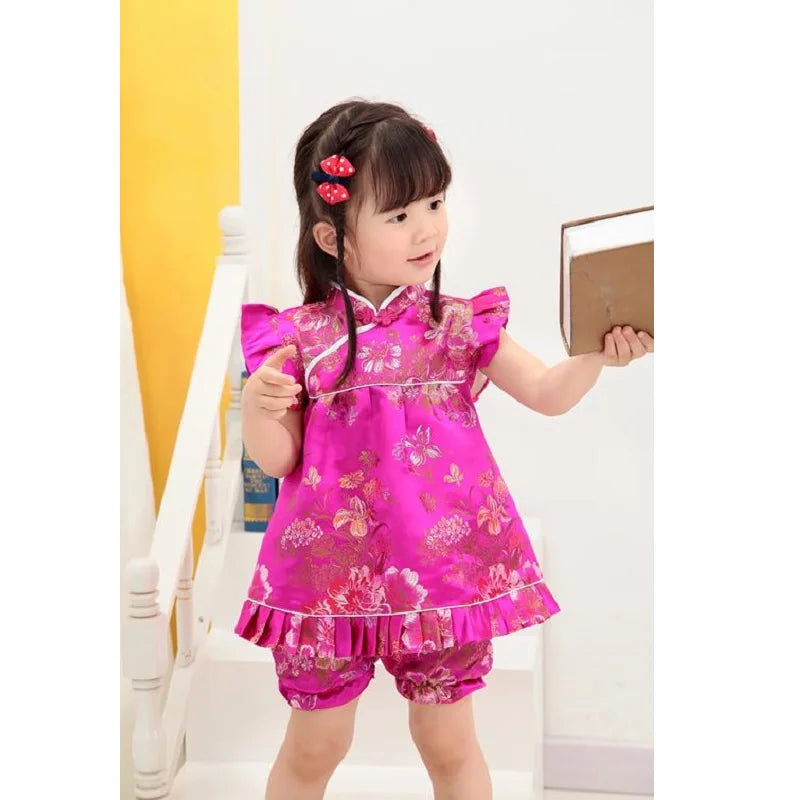 2020 Girls Clothes Suits Chinese Dragon Phoenix Kids Qipao Set New Year Children Birthday Gift Baby Clothing Festive Costumes