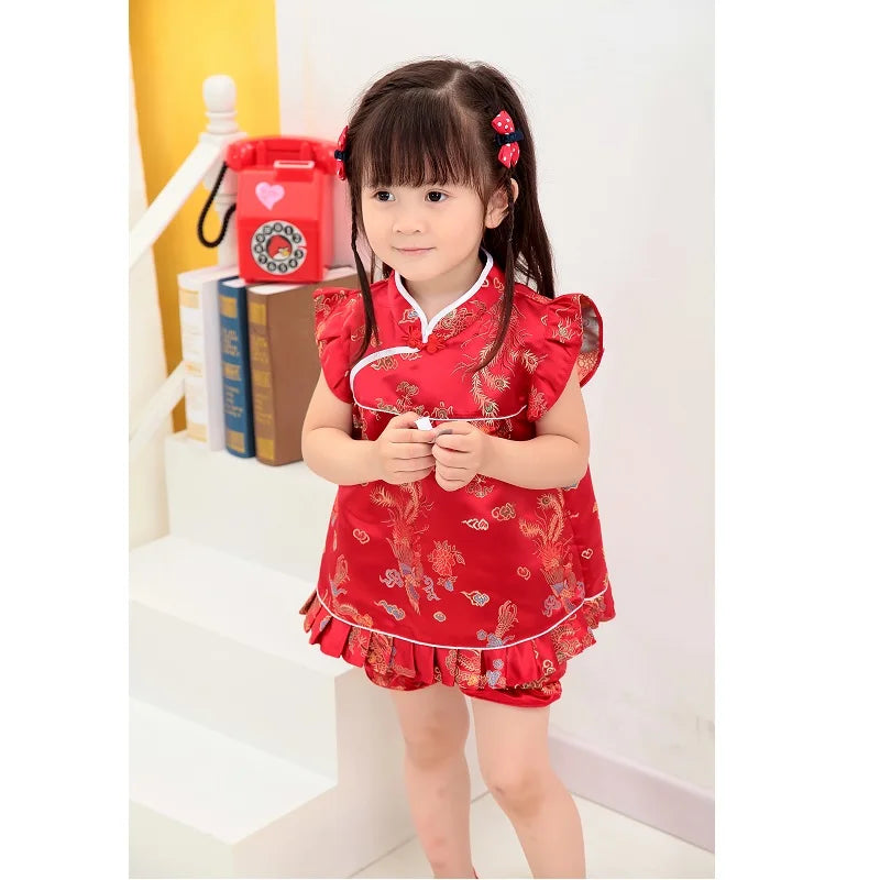 2020 Girls Clothes Suits Chinese Dragon Phoenix Kids Qipao Set New Year Children Birthday Gift Baby Clothing Festive Costumes