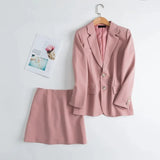 eDressU 2PCS Woman Suits Pink Blazer Jacket Skirt Office Korean Two-Piece Single Breasted Business Outwear ZX-6