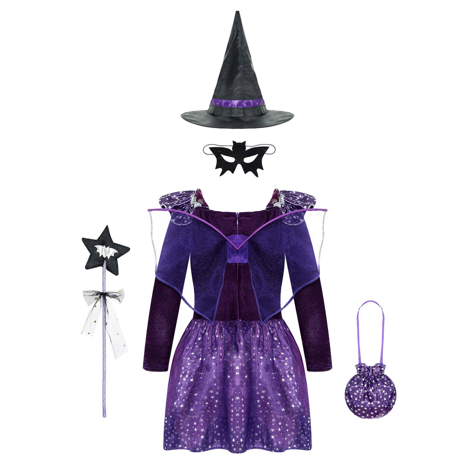 Kids Girls Witch Bat Costume Stars Printed Dress Wing Point Hat Mask Bag Fairy Wand Set Children Halloween Cosplay Dress Up - www.sixcolors.us