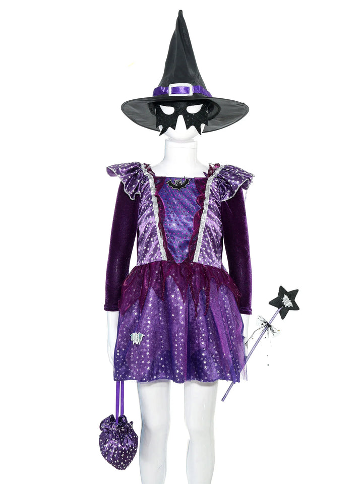 Kids Girls Witch Bat Costume Stars Printed Dress Wing Point Hat Mask Bag Fairy Wand Set Children Halloween Cosplay Dress Up - www.sixcolors.us