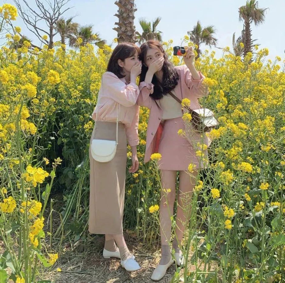 eDressU 2PCS Woman Suits Pink Blazer Jacket Skirt Office Korean Two-Piece Single Breasted Business Outwear ZX-6