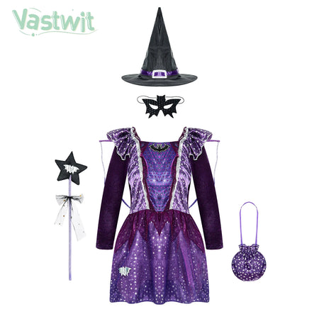 Kids Girls Witch Bat Costume Stars Printed Dress Wing Point Hat Mask Bag Fairy Wand Set Children Halloween Cosplay Dress Up - www.sixcolors.us