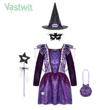 Kids Girls Witch Bat Costume Stars Printed Dress Wing Point Hat Mask Bag Fairy Wand Set Children Halloween Cosplay Dress Up - www.sixcolors.us