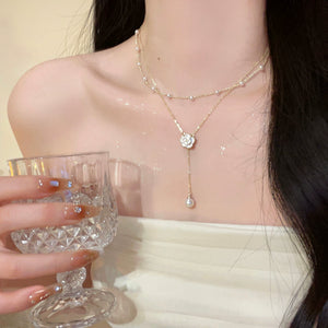 Accessible Luxury Double-Layered Tassel Women's Camellia Pearl Necklace