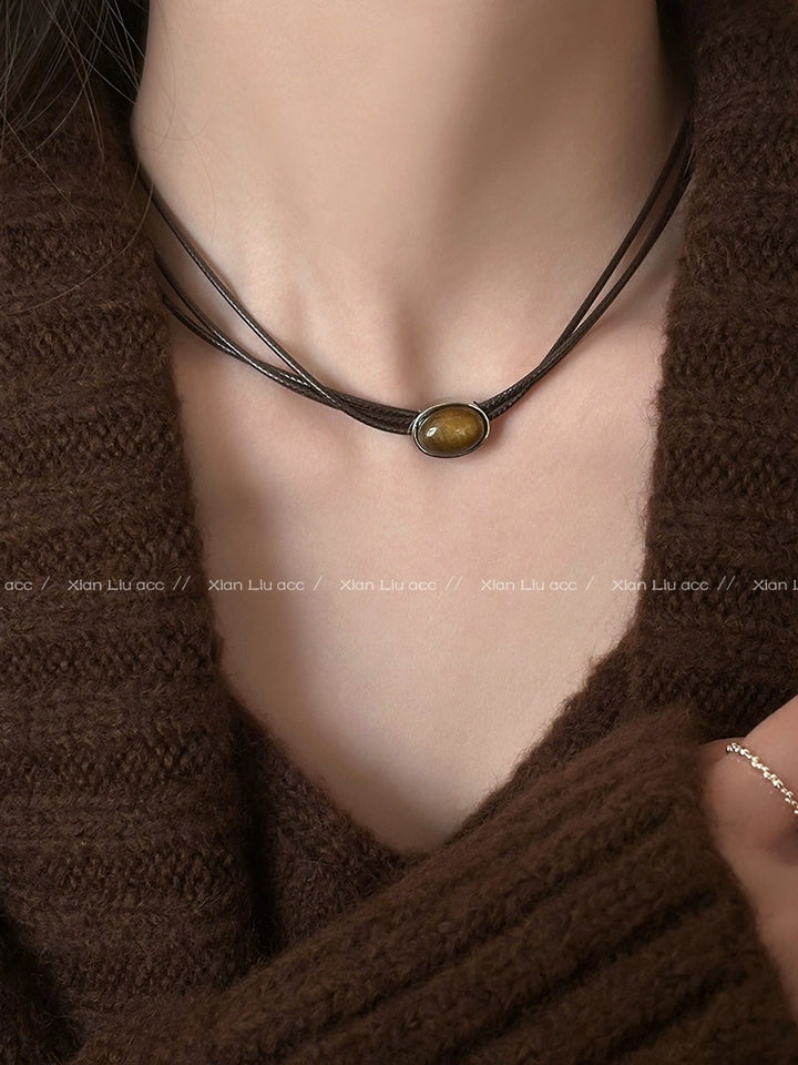 Choker Leather Women's Sweater Chain Niche Style Tigereye