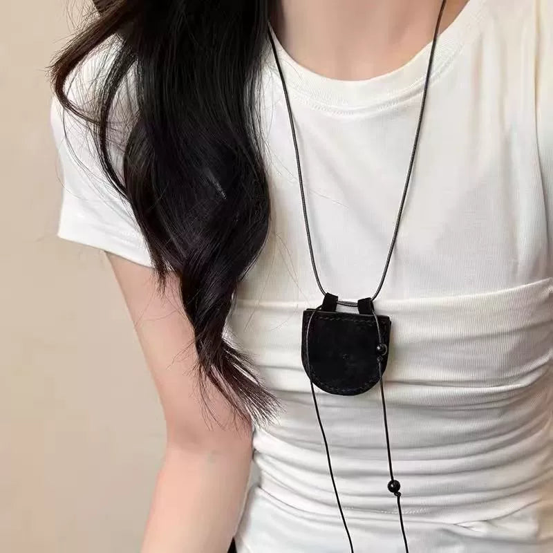 Crescent Leather Earphone Bag Halterneck Women's Portable Necklace