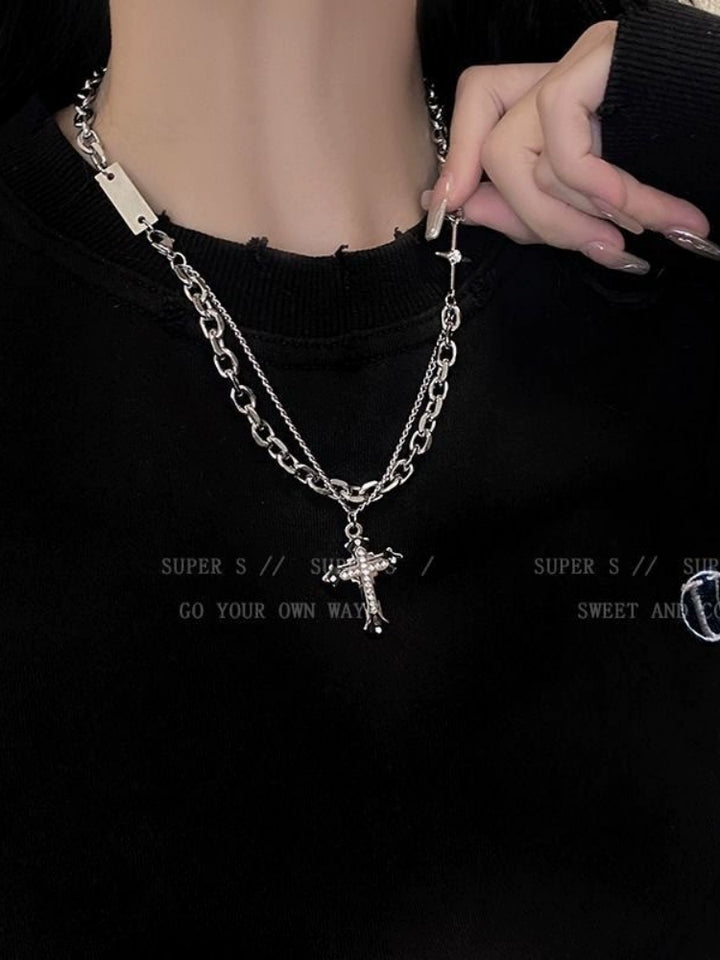 Fashion Cross Double Layer Twin Autumn Winter Street Necklace