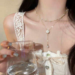 Accessible Luxury Double-Layered Tassel Women's Camellia Pearl Necklace