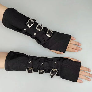Dark Gothic Metal Buckle Half Open Finger Wristband Gloves Wrist Strap Arm Warmer Punk Cosplay Halloween Costume Accessories - www.sixcolors.us
