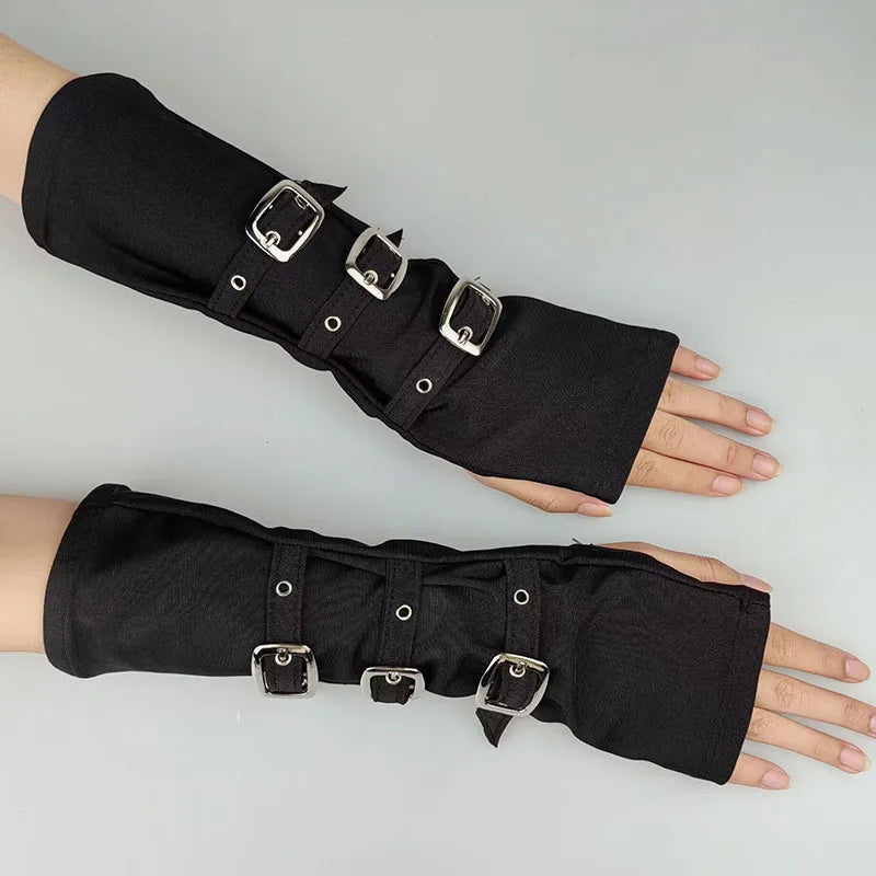 Dark Gothic Metal Buckle Half Open Finger Wristband Gloves Wrist Strap Arm Warmer Punk Cosplay Halloween Costume Accessories - www.sixcolors.us