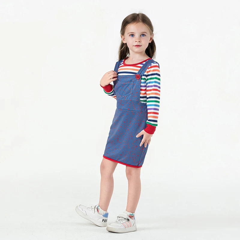 Party Halloween Creepy Killer Doll Costume for Women/Girl Rainbow Stripe Print Long Sleeve Tops with Suspender Dress 2 Pcs Set - www.sixcolors.us