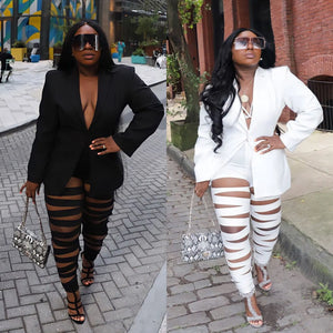 Plus Size Hollow Out Matching Set Women Solid Suit Jacket Female Winter Pencil Pant Lady Elegant Outfit Two Piece Pant Set - www.sixcolors.us