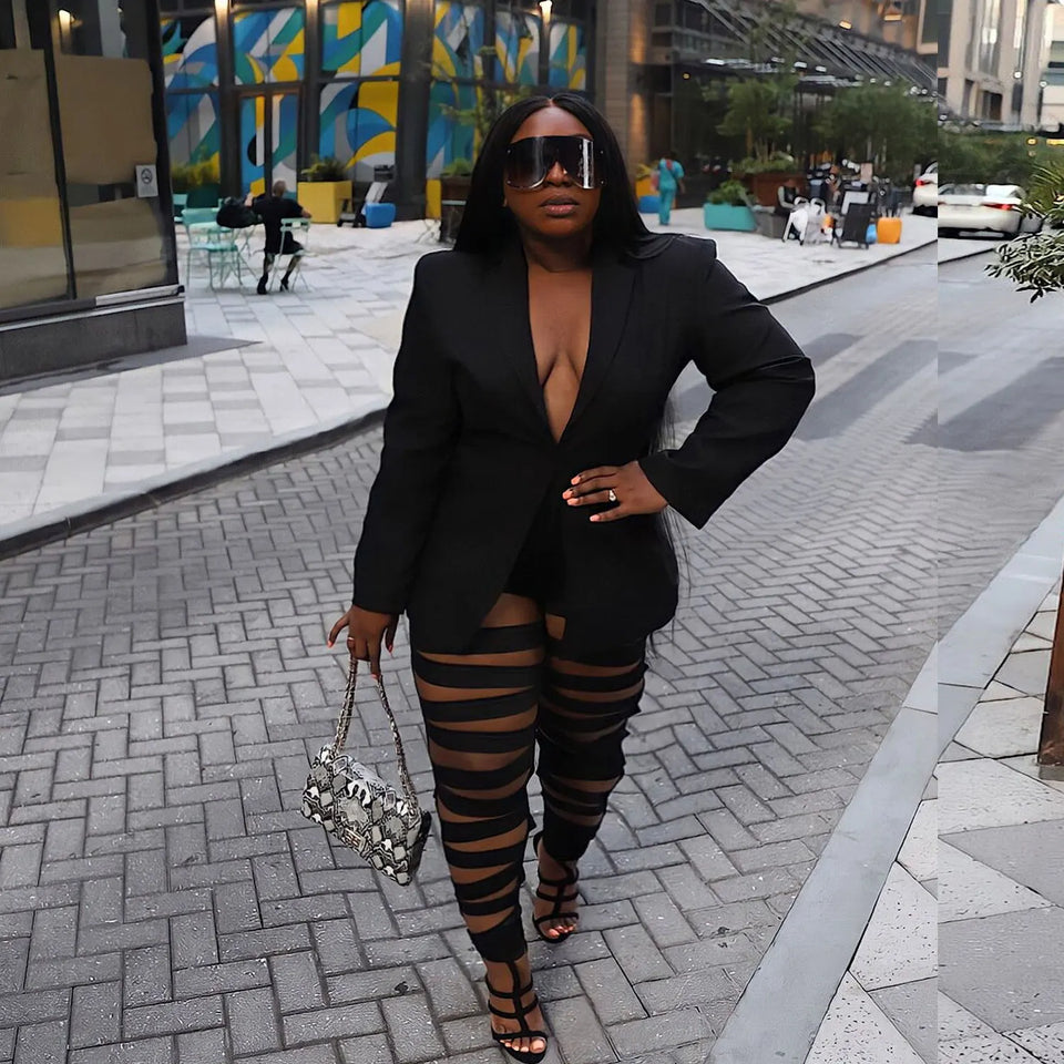Plus Size Hollow Out Matching Set Women Solid Suit Jacket Female Winter Pencil Pant Lady Elegant Outfit Two Piece Pant Set - www.sixcolors.us