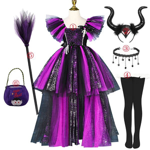Girls Halloween Disguise Witch Costume Kid Tutu Trailing Dress Kids Carnival Cosplay Party Outfit Spider Web Design Mesh Clothes - www.sixcolors.us