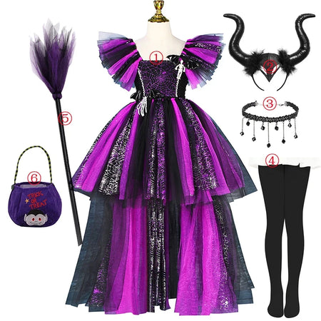 Girls Halloween Disguise Witch Costume Kid Tutu Trailing Dress Kids Carnival Cosplay Party Outfit Spider Web Design Mesh Clothes - www.sixcolors.us