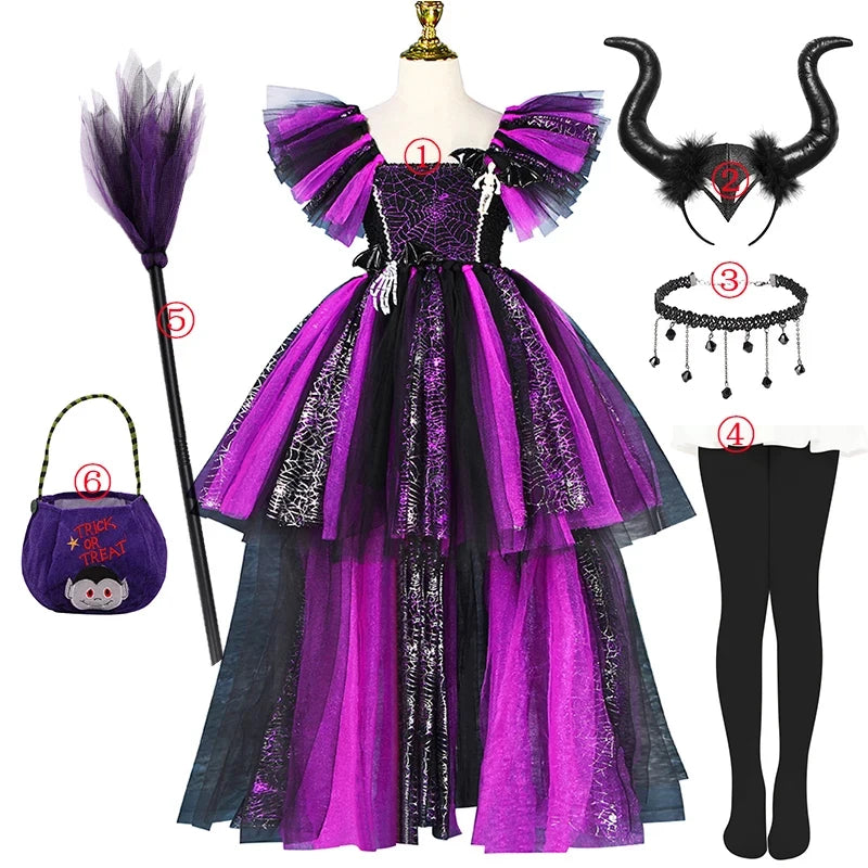 Girls Halloween Disguise Witch Costume Kid Tutu Trailing Dress Kids Carnival Cosplay Party Outfit Spider Web Design Mesh Clothes - www.sixcolors.us