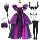 Girls Halloween Disguise Witch Costume Kid Tutu Trailing Dress Kids Carnival Cosplay Party Outfit Spider Web Design Mesh Clothes - www.sixcolors.us