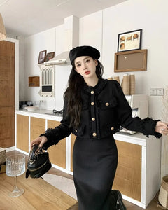 Fashion Two Piece Sets Womens Outfits Plaid Tweed Blazer Female Long Sleeve Jacket and Skirt Set