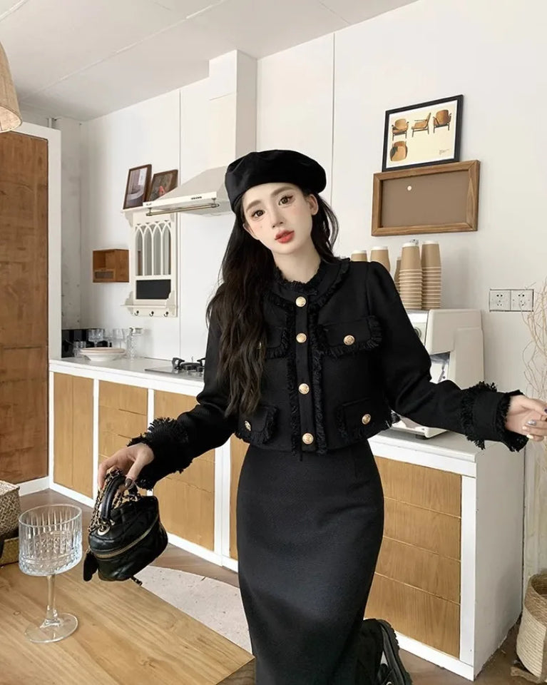 Fashion Two Piece Sets Womens Outfits Plaid Tweed Blazer Female Long Sleeve Jacket and Skirt Set