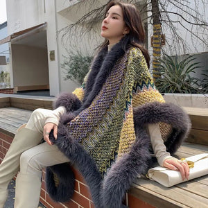 Vintage Fashion warm Faux Rex Rabbit Fur Cape Shawl Long Knit Poncho Coat Wraps Fur Pashmina Cloak Women Winter New Capes Q403