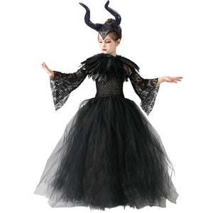 Maleficent Cosplay Gothic Black Tutu Dress with Horn Headband and Wings Girls Halloween Misstress of Evil Villain Costume 2-10Y - www.sixcolors.us