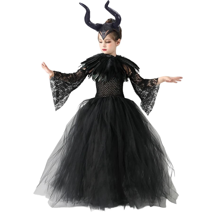 Maleficent Cosplay Gothic Black Tutu Dress with Horn Headband and Wings Girls Halloween Misstress of Evil Villain Costume 2-10Y - www.sixcolors.us
