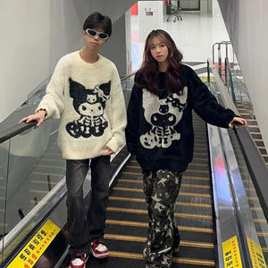 Sanrio Kuromi Halloween Style Knitted Sweater Couple Autumn Winter New Loose Knitwear Skull Decoration Cartoon Clothing Y2k Tops - www.sixcolors.us