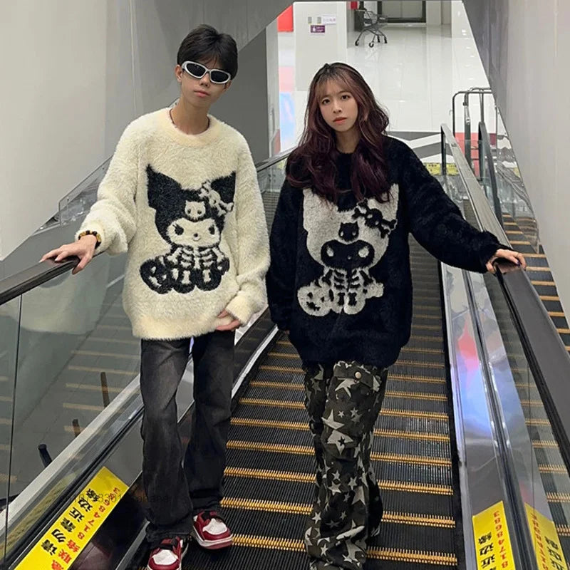 Sanrio Kuromi Halloween Style Knitted Sweater Couple Autumn Winter New Loose Knitwear Skull Decoration Cartoon Clothing Y2k Tops - www.sixcolors.us
