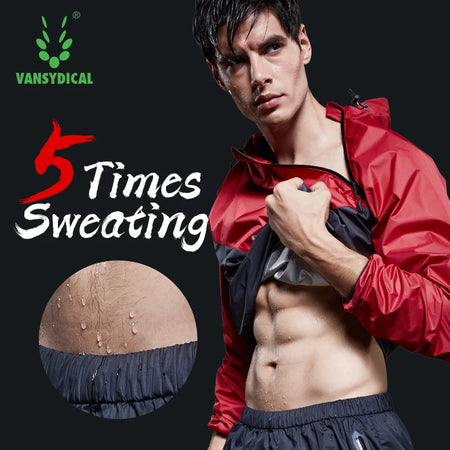 VANSYDICAL Running Jacket Men Pullover Hooded Long Sleeve Sportswear Gym Fitness Training Weight Loss Sweating Sauna Sport Shirt