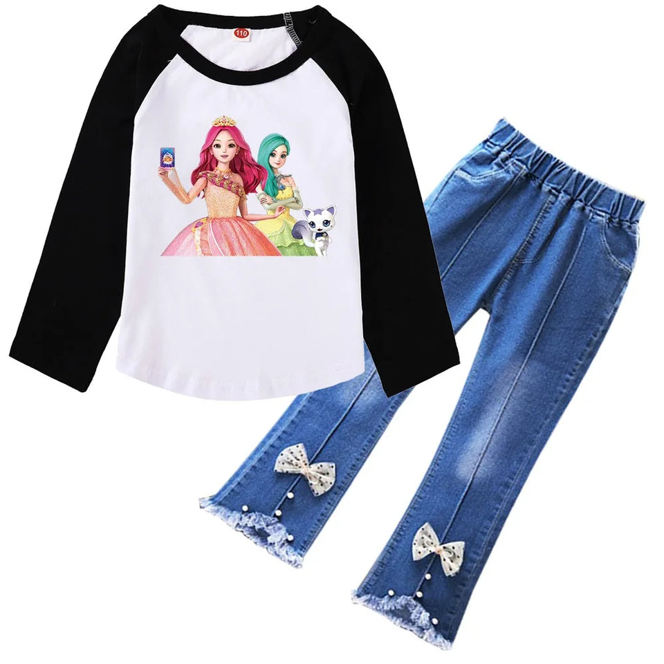 Secret J-Jouju Clothes Kids Cartoon S-Secret Jouju TShirt Baby Girls Long Sleeve Tops Jeans 2pcs Sets Children's Autumn Clothing