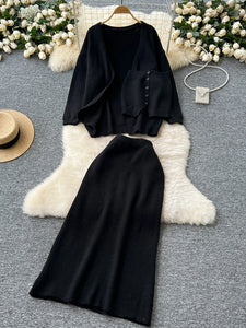 EWQ Women's Sweet Strapless Vest Long Sleeved Knitted Cardigan Jacket+sweater Skirt Y2k Korean Fashion Tide Autumn 2024 SM11652