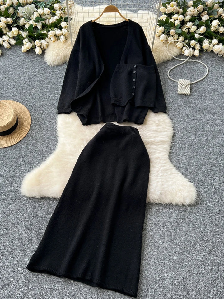 EWQ Women's Sweet Strapless Vest Long Sleeved Knitted Cardigan Jacket+sweater Skirt Y2k Korean Fashion Tide Autumn 2024 SM11652