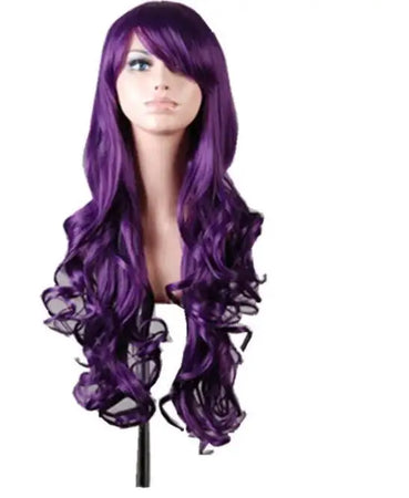Cosplay Purple Wig Synthetic Long Curly Halloween Women Blue Hair Carnival Costume Cosplay Inclined Bangs Hairpiece - www.sixcolors.us