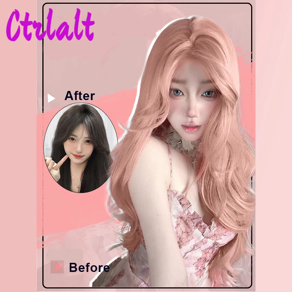 Long Wavy Pink Cosplay Synthetic Wigs Lolita Halloween With Bangs for Women Party Dailly Heat Resistant Wig - www.sixcolors.us