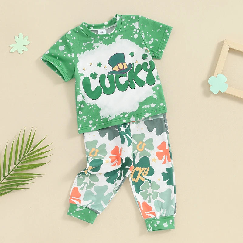 Toddler Baby Boy Girl Summer Clothes Pant Sets Lucky Clover Print Top St Patrick s Day Outfit Sets