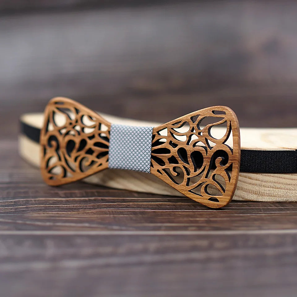 SOMESOOR Classic Floral Wood Bow Ties Engraved Hollow Butterflies Natural Wooden Bowknots Wedding Suit Accessories For Men Gifts