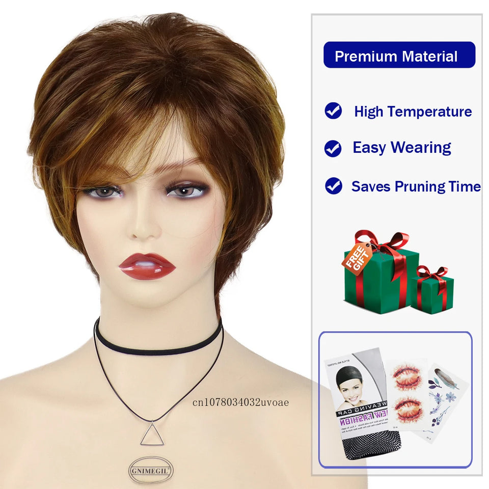 Synthetic Women's Short Pixie Cut Wig Mix Brown Hair Natural Ladies Wig with Bangs Daily Stylish Mommy Wig Cosplay Halloween - www.sixcolors.us