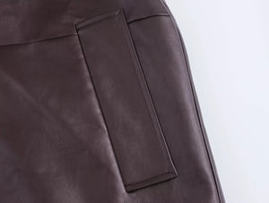 TRAFZA-Women Stylish PU Leather Skirt Jacket Set Zipper Jacket Mini Skirt 2 Pieces Set New 2024 Autumn Winter Female Leather Set