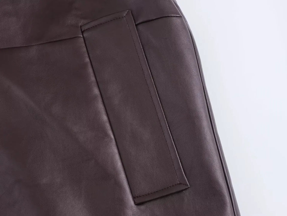 TRAFZA-Women Stylish PU Leather Skirt Jacket Set Zipper Jacket Mini Skirt 2 Pieces Set New 2024 Autumn Winter Female Leather Set