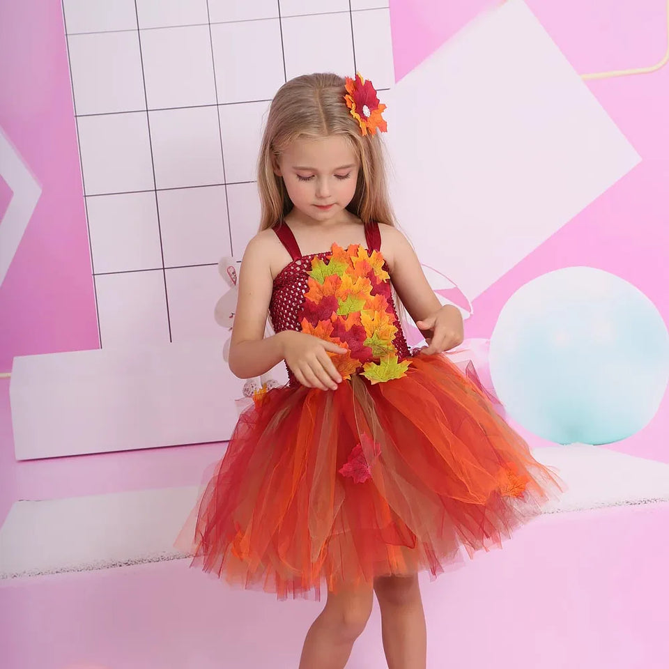 Autumn Fairy Girls Costume Tutu Dress Kids Halloween Tulle Dress Woodland Cosplay Princess Dress Children Festival Costume - www.sixcolors.us
