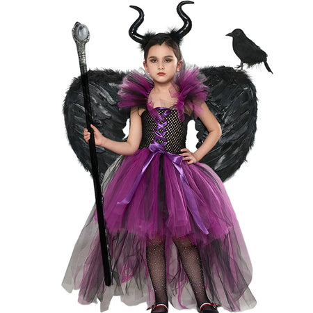 Disney Maleficent Costume Deluxe Girls Halloween Carnival Party Black Trailing Mesh Dress Kids Cosplay Demon Queen Witch Clothes - www.sixcolors.us